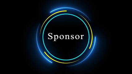 Abstract sponsor logo with neon blue and yellow circles on a black background.