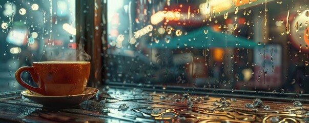 A warm cup of coffee sits on a wet table, looking out onto a rainy city street with cars and...