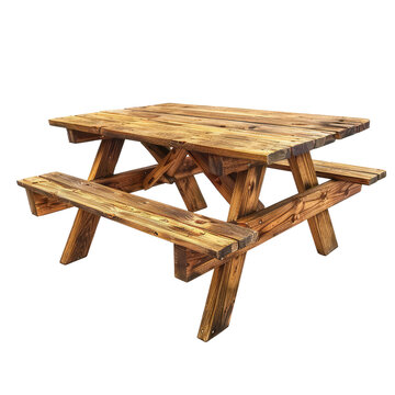 Photo of wooden picnic table isolated on white background