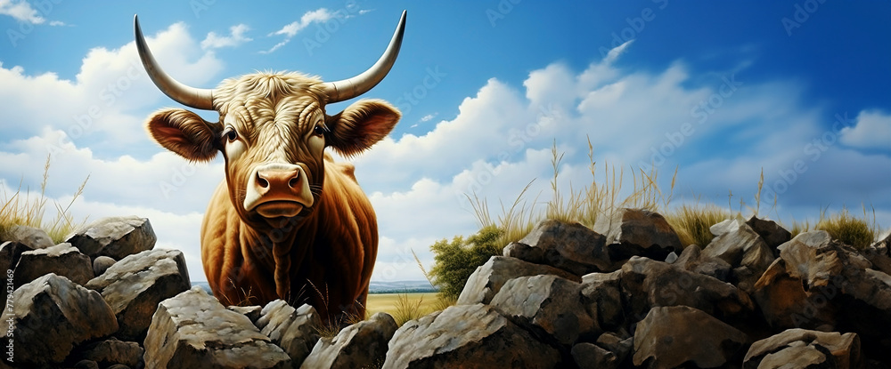 Wall mural Highland cattle on a background of blue sky, panoramic layout. Generative Ai