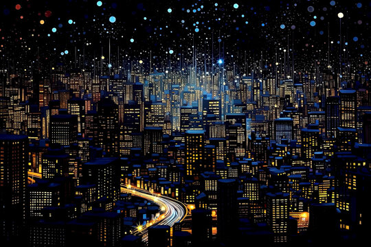 Night city with lights on the background of the night city. Generative Ai