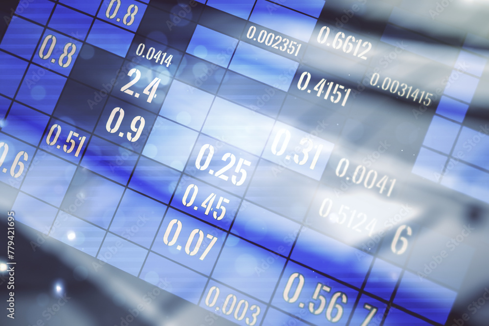 Poster multi exposure of stats data illustration on blurry abstract metal background, computing and analyti