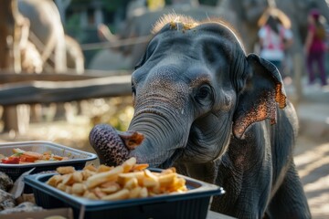 Asian elelphant tried to pick up french fried with its trunk