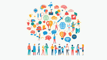 People filling up a brain with colorful objects flat vector