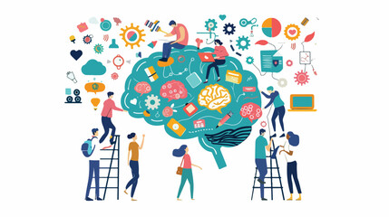 People filling up a brain with colorful objects flat vector - obrazy, fototapety, plakaty