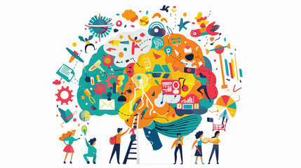 People filling up a brain with colorful objects flat vector