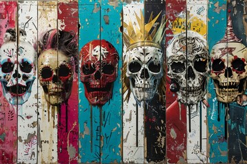 graffiti of skulls celebrating The Day of the Dead, a Mexican tradition related of Caleveras - obrazy, fototapety, plakaty