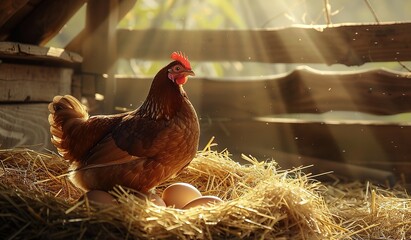 Chicken sitting on top of hay next to an egg