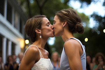 Loving Same-Sex Couple Sharing a Kiss on Their Wedding Day Surrounded by Guests - Powered by Adobe