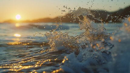 A macro shot of water droplets in the air as a wave crashes, capturing the essence of movement - obrazy, fototapety, plakaty