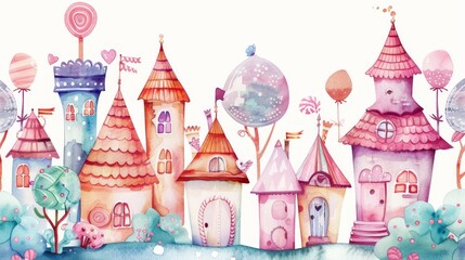 A creative soft watercolor illustration of a fairytale village composed of sweet confectionery buildings, echoing the pastel tones and playful composition of lollipops and gumdrops. - obrazy, fototapety, plakaty