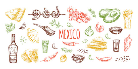 Hand-drawn colored set of realistic mexican dishes and products. Vintage sketch drawings of Latin American cuisine. Vector ink illustration. Mexican culture.