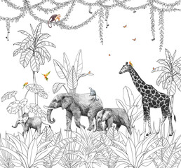 Safari Panorama Landscape Wildlife and Forest African Nature, Giraffe, Elephant, Lemur, Monkeys Realistic drawing Mural Wallpaper - 779422031