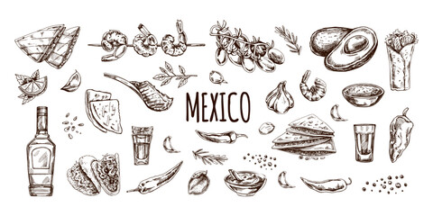 Hand-drawn set of realistic mexican dishes and products. Vintage sketch drawings of Latin American cuisine. Vector ink illustration. Mexican culture. Latin America. - obrazy, fototapety, plakaty