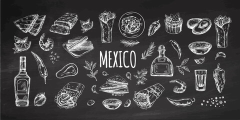 Hand-drawn set of realistic mexican elements. Vintage sketch drawings of Latin American culture. Vector ink illustration on chalkboard background. Mexican culture.