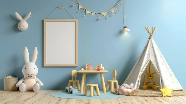 Children's playroom with tent and table sitting, doll over wooden floor, blank wooden frame on blue background