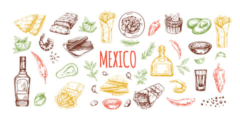 Hand-drawn colored set of realistic mexican dishes and products. Vintage sketch drawings of Latin American cuisine. Vector ink illustration. Mexican culture.