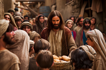 Jesus Christ feeding crowd of five thousand people with loaves - obrazy, fototapety, plakaty