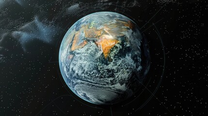 Planet Earth with detailed relief focused on Asia and Australia, surrounded by starfield