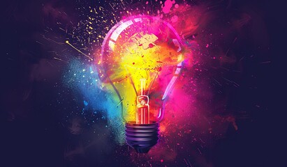 Colorful light bulb surrounded by paint splatters