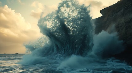 A powerful wave crashing against a rugged cliff, sending spray high into the air - obrazy, fototapety, plakaty