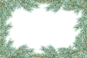 Christmas tree branches horizontal banner template with spruce of fir plant with green pine branches and copy space for text. Winter holidays greeting cards and invitations isolated on white