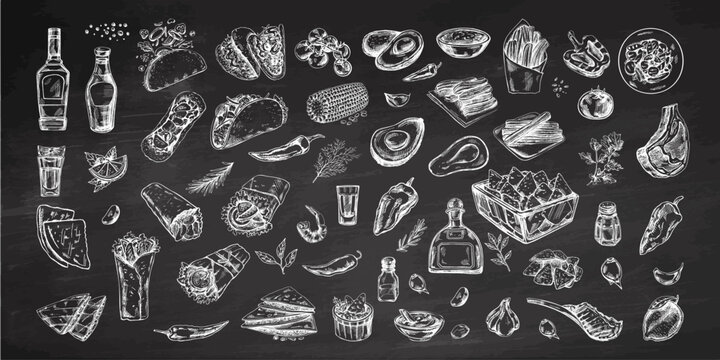 Hand-drawn set of realistic mexican dishes and products. Vintage sketch drawings of Latin American cuisine. Vector ink illustration on chalkboard background. Mexican culture.