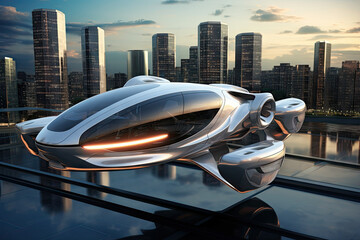 Conceptual Flying Car of the Future Hovering Over Urban Cityscape