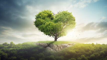A Heart shaped tree growing on green grass. a Love, nature, environment day, earth day, soil day