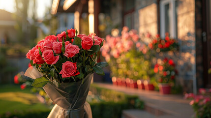 A bouquet of red roses is sitting on a table outside of a house