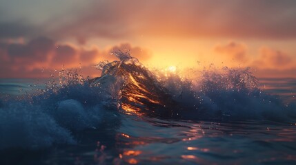 A wave breaking at dawn, its spray illuminated by the first light of day