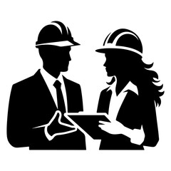 engineer and male architect discuss and look at blueprints at construction site vector silhouette black color-14