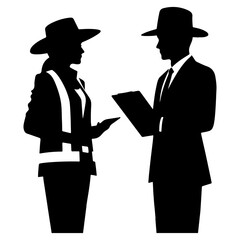 engineer and male architect discuss and look at blueprints at construction site vector silhouette black color-18