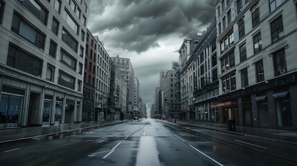 Fototapeta na wymiar Dramatic Cityscape with Ominous Clouds and Deserted Street in Urban Downtown