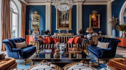 Fototapeta na wymiar Classic luxury living room interior with blue and gold decor.