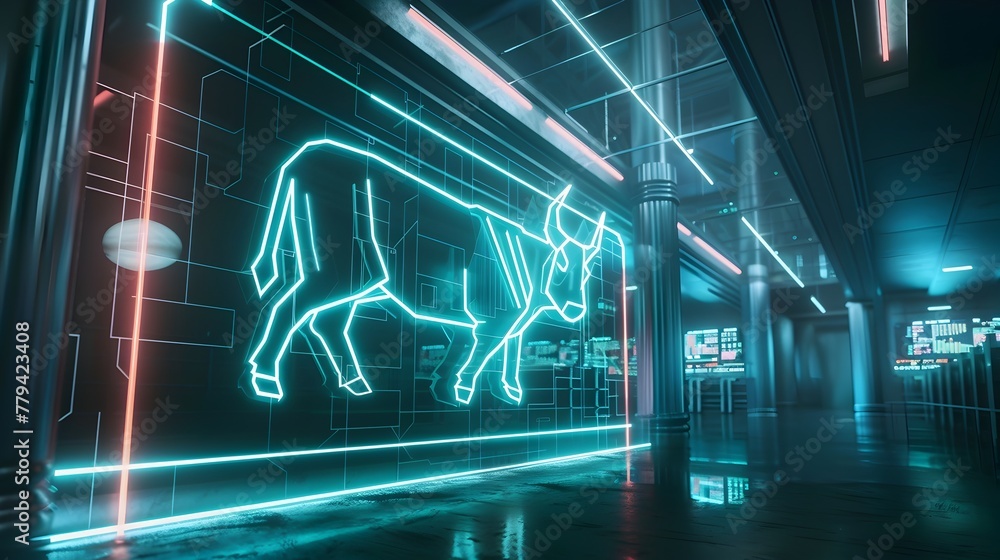 Poster glowing futuristic hallway with neon lights and geometric patterns in a surreal digital environment