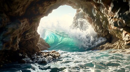 A wave crashing into a sea cave, the force of nature carving the landscape - obrazy, fototapety, plakaty