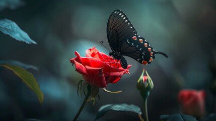 A black butterfly is resting on a red rose