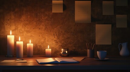the ambiance of your study room with the warm glow of a burning candle illuminating stacks of old papers, evoking a sense of nostalgia and intellectual pursuit in your reading space.