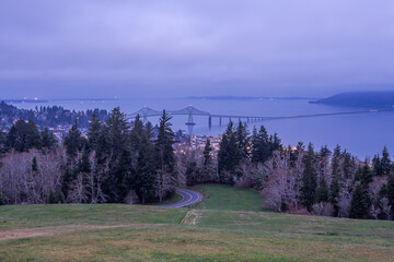 Beautiful view of the Columbia River mouth and city of Astoria in twilight, Oregon, USA