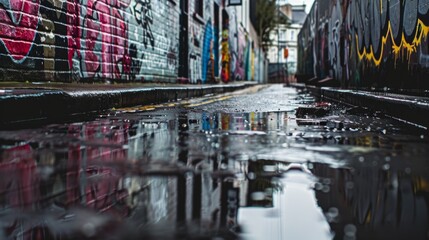 Urban Alley with Graffiti Art Reflections after Rain
