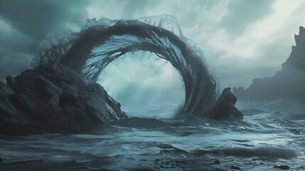 A wave curling around an unseen obstacle, creating a natural arch of water - obrazy, fototapety, plakaty