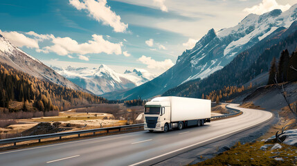 white cargo on road, beautiful landscape, mountain view mockup, transportation logistic - obrazy, fototapety, plakaty