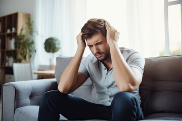 Stressed Young Man Experiencing a Severe Headache at Home