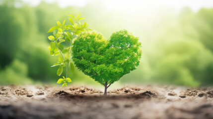Heart shaped tree growing on green grass. Love, nature, environment day, earth day, soil day - obrazy, fototapety, plakaty