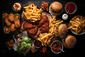 Assorted Fast Food Feast on Dark Background with Burgers and Fries