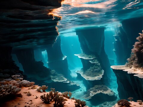 Underwater canyon. Background for design, print, card (greeting card), banner, poster, flyer, advertising, wallpaper, menu.