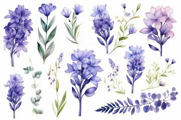 Watercolor hyacinth clipart featuring fragrant blooms in shades of purple and blue. flowers frame, botanical border, It's perfect for cards, patterns, flowers compositions, frames, wedding cards. - obrazy, fototapety, plakaty