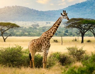 African Wildlife Wonder: Giraffe Amidst Golden Grasslands of the Wild Savanna"