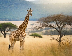 African Wildlife Wonder: Giraffe Amidst Golden Grasslands of the Wild Savanna"